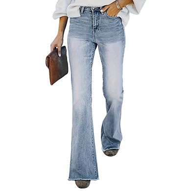 Women's High Waist Flared Leg Denim Jeans Button Casual Distressed Hem Long Pants