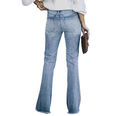 Women's High Waist Flared Leg Denim Jeans Button Casual Distressed Hem Long Pants