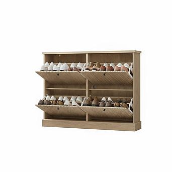 Shoe Cabinet with 4 Flip Drawers, Hidden Wooden Fluted Shoe Cabinet with Adjustable Shelf