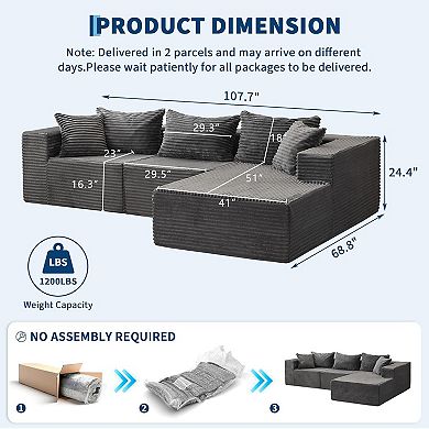 108” Modular Sectional Sofa, Cloud Sectional Couch with L-Shape Chaise,Upholstered Boneless Couches