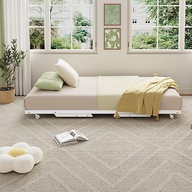 Stand Up Trundle Day Bed, Pop Up Bed Frame, Metal Slats Support with Lockable Casters