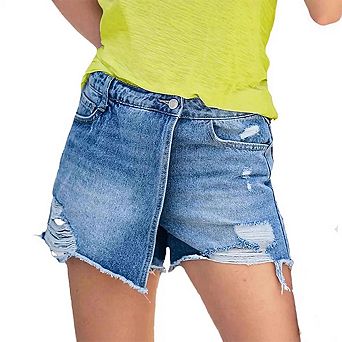 Womens Mid Waisted Denim Shorts Distressed Frayed Raw Folded Hem Jeans Shorts