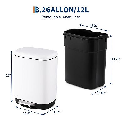 12L Stainless Steel Trash Can with Soft Close Lid, Step Pedal, Removable Inner Bucket