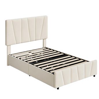 Adjustable Headboard Twin Bed with 2 Drawers, Linen Upholstered Platform, Noise-Free