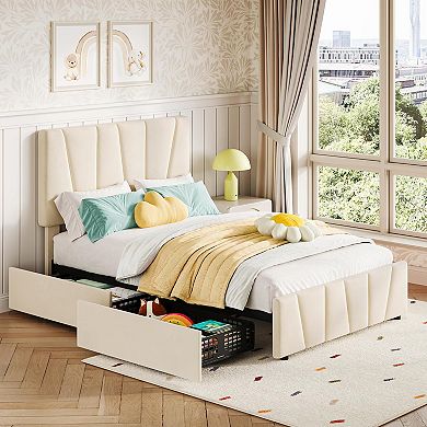 Adjustable Headboard Twin Bed with 2 Drawers, Linen Upholstered Platform, Noise-Free