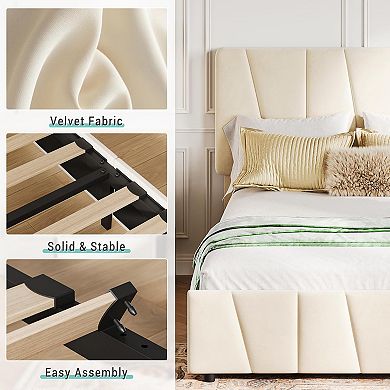 Adjustable Headboard Twin Bed with 2 Drawers, Linen Upholstered Platform, Noise-Free