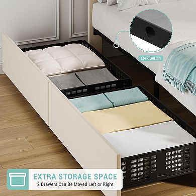 Adjustable Headboard Twin Bed with 2 Drawers, Linen Upholstered Platform, Noise-Free