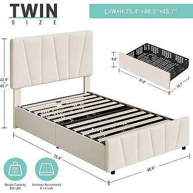 Adjustable Headboard Twin Bed with 2 Drawers, Linen Upholstered Platform, Noise-Free