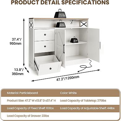 Buffet Cabinet Sideboard with Power Outlet, Drawers, and Barn Doors