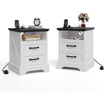 Farmhouse Rustic Nightstands with Charging Station, Modern Wood Bedside Tables with 2 Drawers