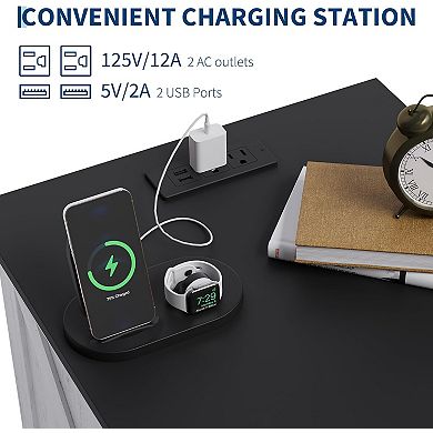 Farmhouse Rustic Nightstands with Charging Station, Modern Wood Bedside Tables with 2 Drawers