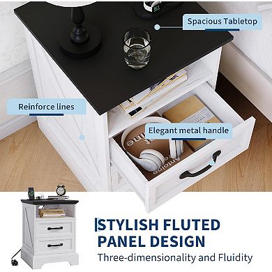 Farmhouse Rustic Nightstands with Charging Station, Modern Wood Bedside Tables with 2 Drawers