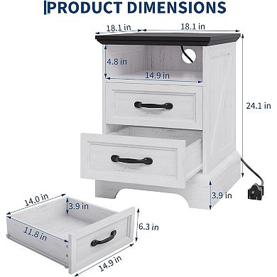 Farmhouse Rustic Nightstands with Charging Station, Modern Wood Bedside Tables with 2 Drawers