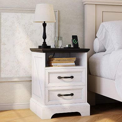 Farmhouse Rustic Nightstands with Charging Station, Modern Wood Bedside Tables with 2 Drawers