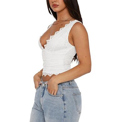 Women's V-Neck Sleeveless Lace Cropped Tank Tops Going Out Trendy Top