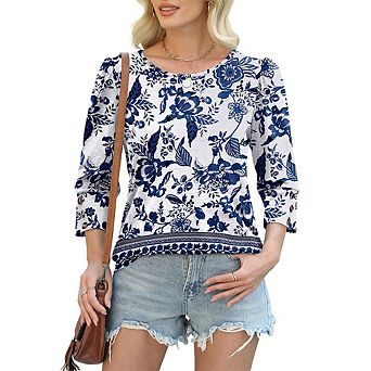 Women's Casual 3/4 Sleeve Top Crew Neck Puff Sleeve Button Cuff Blouse