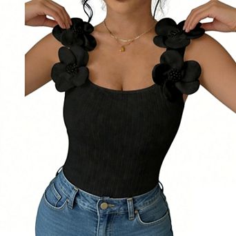 Women's Floral Applique Ribbed Crop Tank Top, Square Neck Summer Sleeveless Top