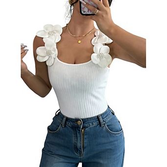 Women's Floral Applique Ribbed Crop Tank Top, Square Neck Summer Sleeveless Top