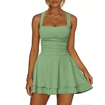 Women's Square Neck Ruched Waist Mini Dress, Sleeveless Double-Layer Flared Skirt Party Dress