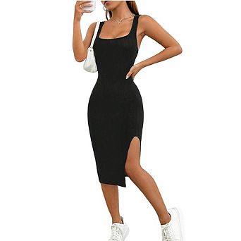 Women Ribbed Knit Bodycon Midi Dress Sleeveless Square Neck Tank Dress with Side Slit
