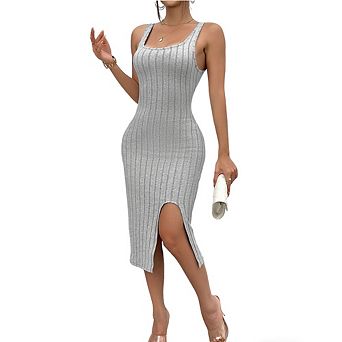 Women Ribbed Knit Bodycon Midi Dress Sleeveless Square Neck Tank Dress with Side Slit