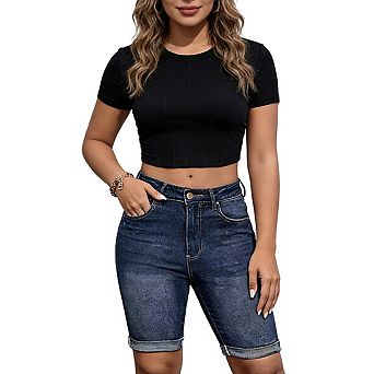 Women's High Waist Rolled Cuff Stretchy Denim Bermuda Shorts