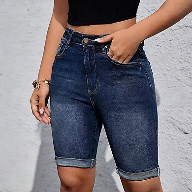 Women's High Waist Rolled Cuff Stretchy Denim Bermuda Shorts