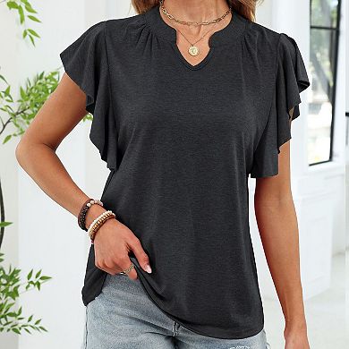 Women's Ruffle Sleeve V-Neck Top, Heathered Teal Casual Summer Blouse