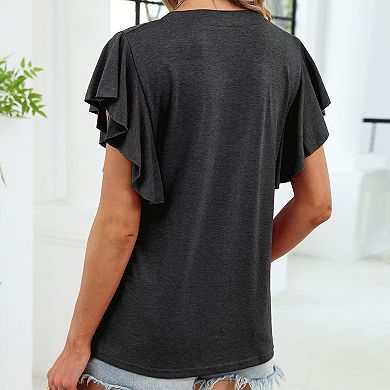 Women's Ruffle Sleeve V-Neck Top, Heathered Teal Casual Summer Blouse