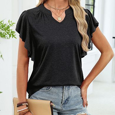 Women's Ruffle Sleeve V-Neck Top, Heathered Teal Casual Summer Blouse