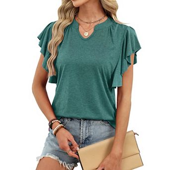 Women's Ruffle Sleeve V-Neck Top, Heathered Teal Casual Summer Blouse
