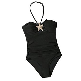 Teen Girls' Halter One-Piece Swimsuit, Starfish Embellished Tummy Control Bathing Suit