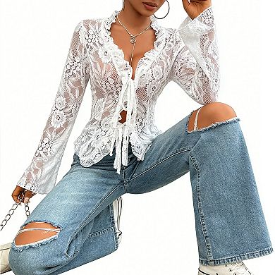 Women's Sheer Lace Tie-Front Blouse, Bell Sleeve Floral Lace Romantic Summer Top