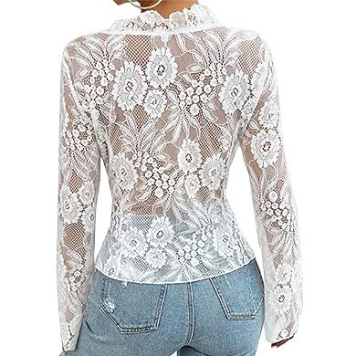 Women's Sheer Lace Tie-Front Blouse, Bell Sleeve Floral Lace Romantic Summer Top