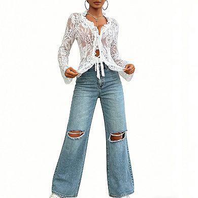 Women's Sheer Lace Tie-Front Blouse, Bell Sleeve Floral Lace Romantic Summer Top