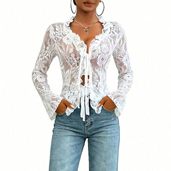 Women's Sheer Lace Tie-Front Blouse, Bell Sleeve Floral Lace Romantic Summer Top