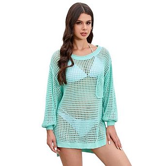 Women's Crochet Hollow Sweater Long Sleeve Crewneck Beach Mesh Cover Up Tunic Top