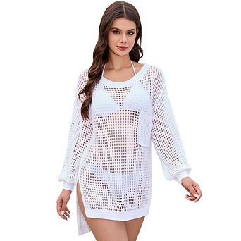 Women's Crochet Hollow Sweater Long Sleeve Crewneck Beach Mesh Cover Up Tunic Top