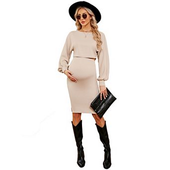 Womens Two Pieces Maternity Blouses Crew Neck Lantern Sleeves Knit Tops Bodycon Midi Skirt Suits