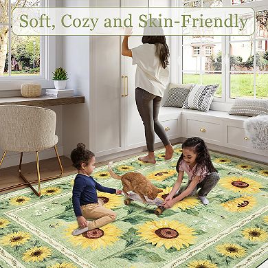 Sunflowers Area Rugs,Boho Floral Botanical Yellow Rug Soft Non-Slip Thin Carpet Modern Abstract Rugs