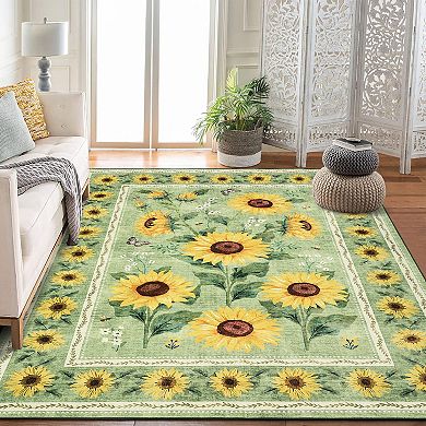 Sunflowers Area Rugs,Boho Floral Botanical Yellow Rug Soft Non-Slip Thin Carpet Modern Abstract Rugs