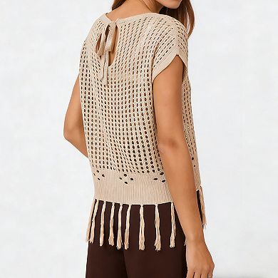 Women's Crochet Knit Crop Top Fringe Hem Tie Back Sleeveless Casual Blouse