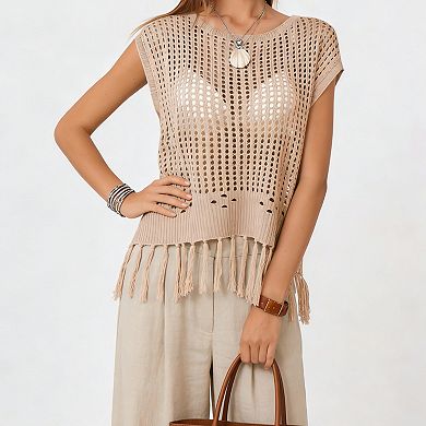 Women's Crochet Knit Crop Top Fringe Hem Tie Back Sleeveless Casual Blouse