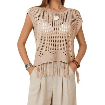 Women's Crochet Knit Crop Top Fringe Hem Tie Back Sleeveless Casual Blouse