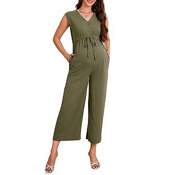 Women's Maternity V Neck Sleeveless Button Front Tie Waist Wide Leg Cropped Jumpsuit with Pockets