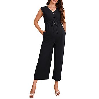 Women's Maternity V Neck Sleeveless Button Front Tie Waist Wide Leg Cropped Jumpsuit with Pockets