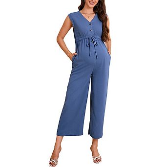 Women's Maternity V Neck Sleeveless Button Front Tie Waist Wide Leg Cropped Jumpsuit with Pockets