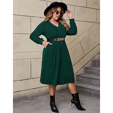 Women's Plus Size V-Neck Batwing Sleeve Sweater Dress with Elastic Waist Belt