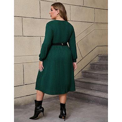 Women's Plus Size V-Neck Batwing Sleeve Sweater Dress with Elastic Waist Belt