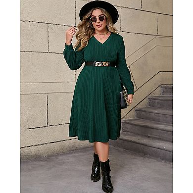 Women's Plus Size V-Neck Batwing Sleeve Sweater Dress with Elastic Waist Belt